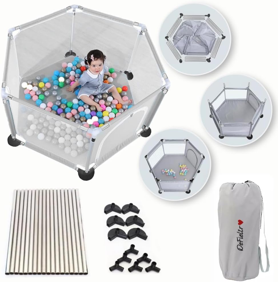 Corral Plegable Baby ANTIDESLIZANTE con Alfombra Acolchada + 2 Anillas y Bolsa Portátil