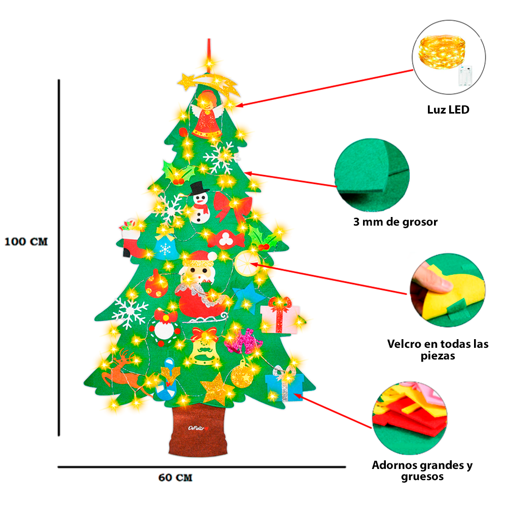 Árbol de fieltro navideño + luces navideñas